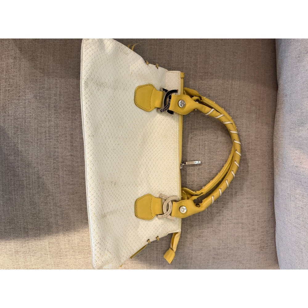Petusco Spain Genuine Leather Snakeskin Embossed Satchel Handbag Yellow Cream
